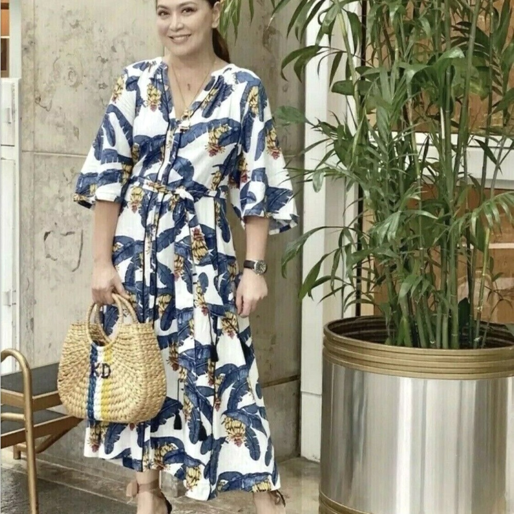 Desmond & Dempsey X H&M Women Banana Tropical Linen Kaftan Maxi Dress Large